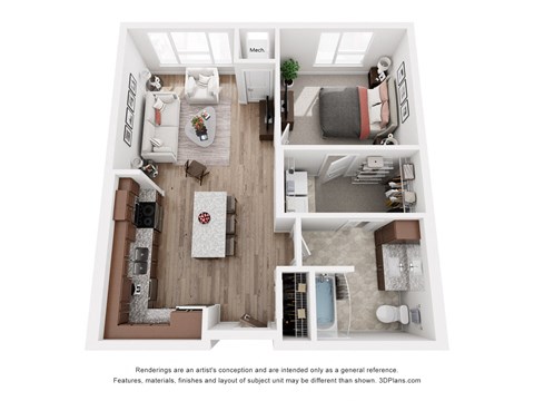 Floor plan for 1 bed, 1 bath, 713 sqft